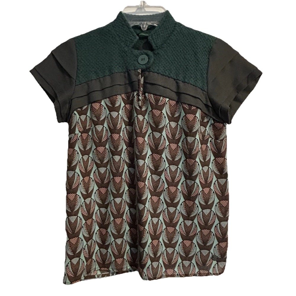 Skunkfunk XS Boho Women's Blouse Leaf Print Colorblock Green‎ Collar Artisan Eco